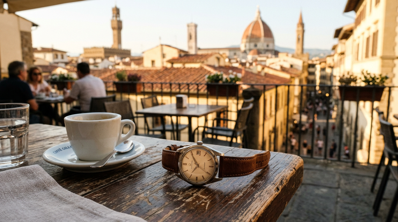 Aerial view of Florence's historic centre with the red dome of the cathedral and the winding Arno river below.